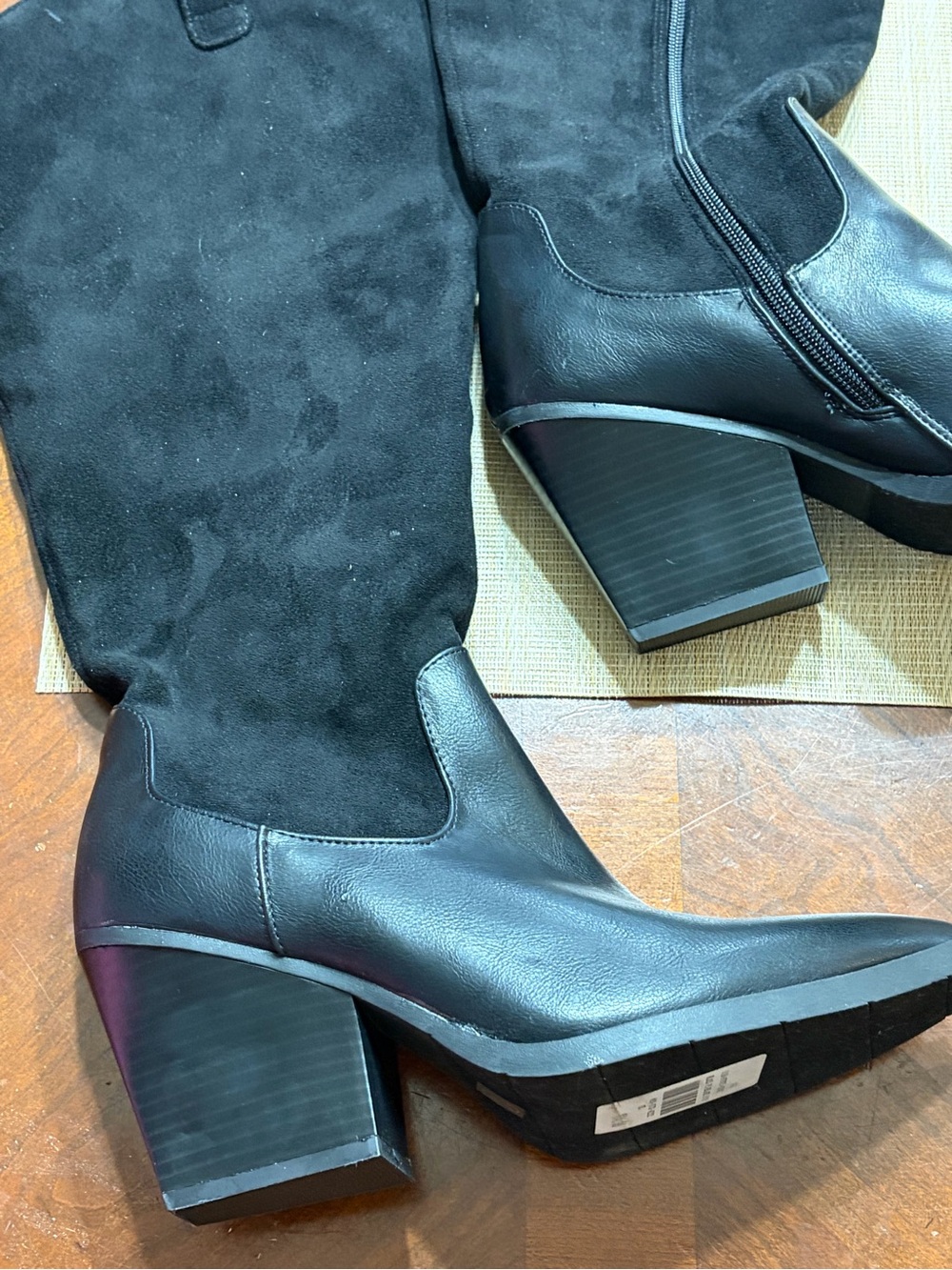 Rouge! Black Suede and Leather Mid Block-Heel Boots